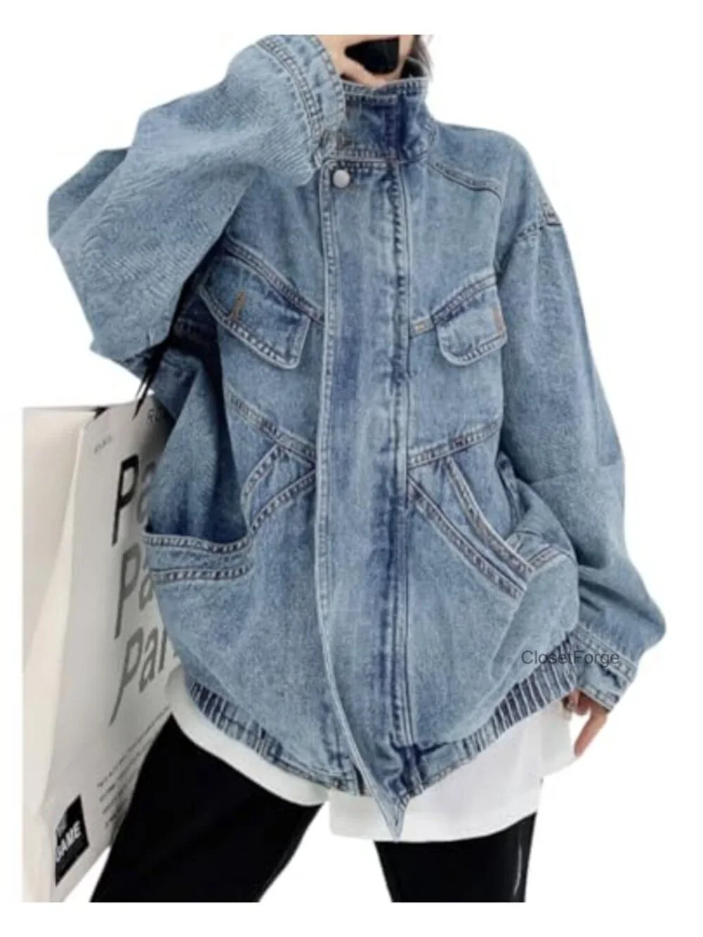 Oversized Stand Collar Shacket Jean Jacket Zip Up Distressed Frayed Denim